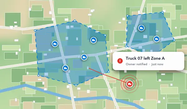 Map with geofence zones and an alert for a truck that left its zone